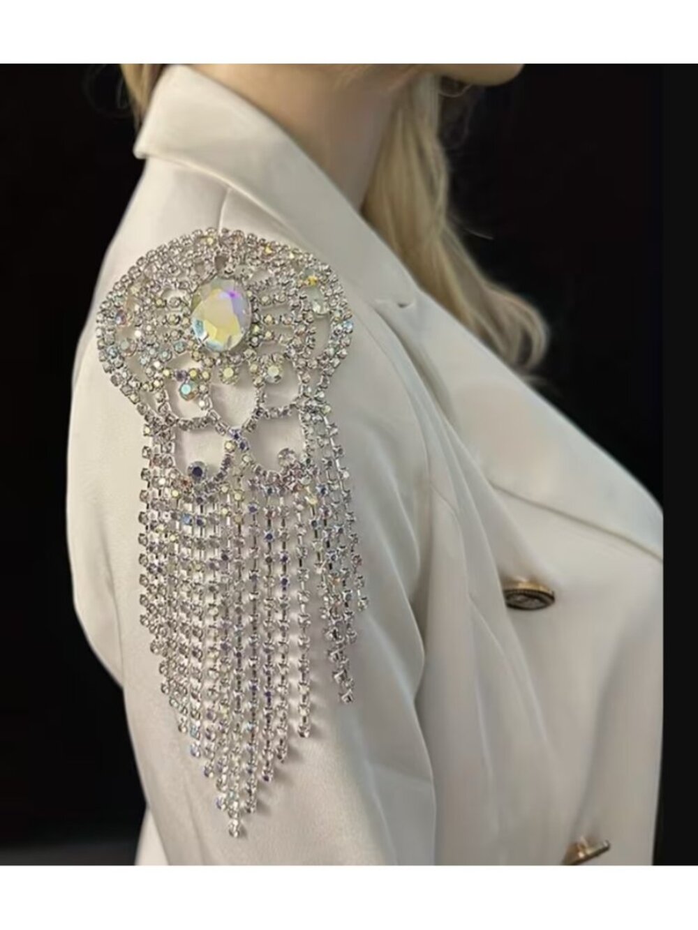 Luxurious Gold Rhinestone Floral Shoulder 2 Pc Epaulette Brooch Sparkling Fringe
